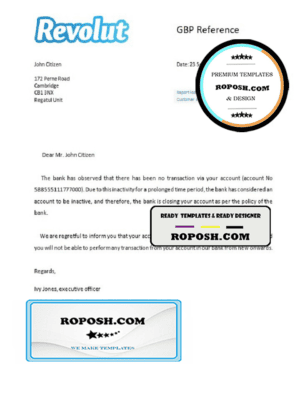 United Kingdom Revolut bank account closure reference letter template in Word and PDF format