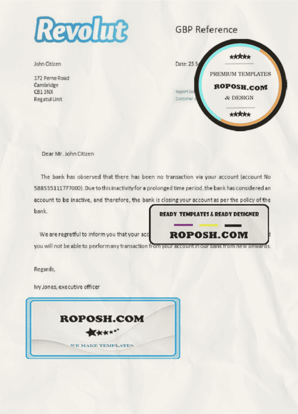 United Kingdom Revolut bank account closure reference letter template in Word and PDF format