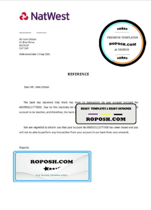 United Kingdom Natwest bank account closure reference letter template in Word and PDF format