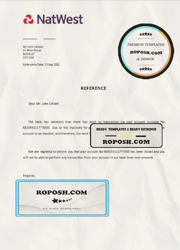 United Kingdom Natwest bank account closure reference letter template in Word and PDF format