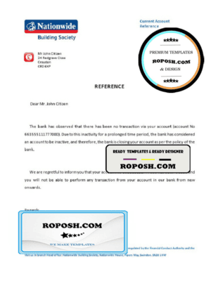 United Kingdom Nationwide bank account closure reference letter template in Word and PDF format