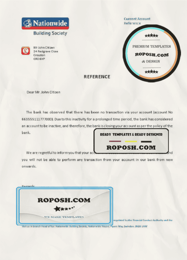 United Kingdom Nationwide bank account closure reference letter template in Word and PDF format