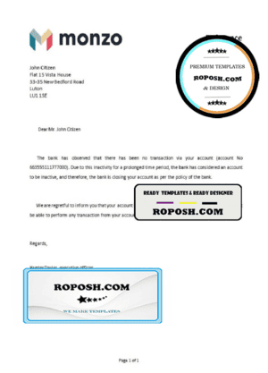 United Kingdom Monzo bank account closure reference letter template in Word and PDF format