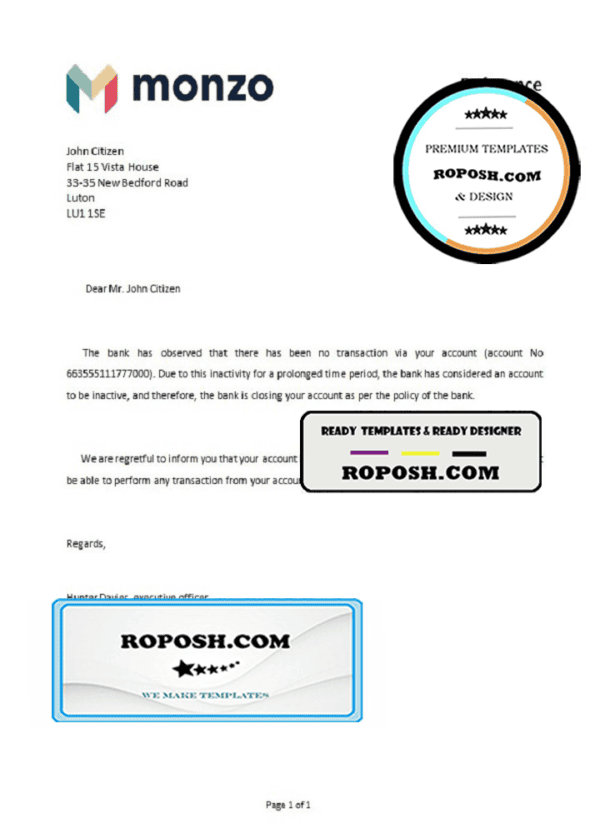 United Kingdom Monzo bank account closure reference letter template in Word and PDF format