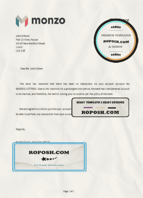 United Kingdom Monzo bank account closure reference letter template in Word and PDF format