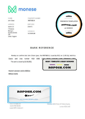 United Kingdom Monese bank account closure reference letter template in Word and PDF format