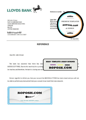 United Kingdom Lloyds bank account closure reference letter template in Word and PDF format