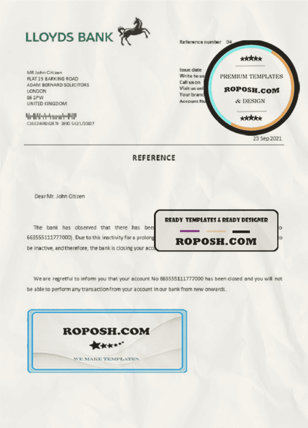 United Kingdom Lloyds bank account closure reference letter template in Word and PDF format