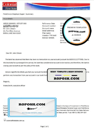 Australia Colonial First State bank account closure reference letter template in Word and PDF format