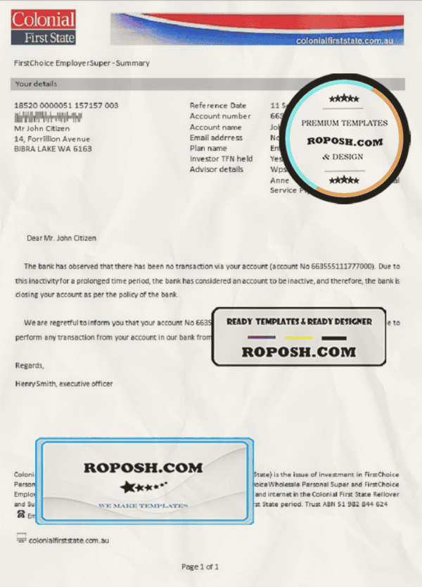 Australia Colonial First State bank account closure reference letter template in Word and PDF format