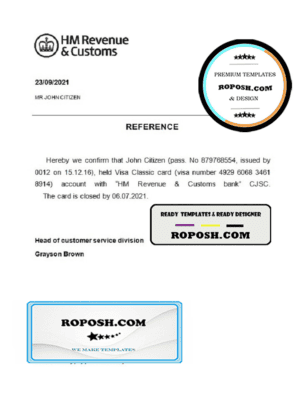 United Kingdom HM Revenue & Customs bank account closure reference letter template in Word and PDF format