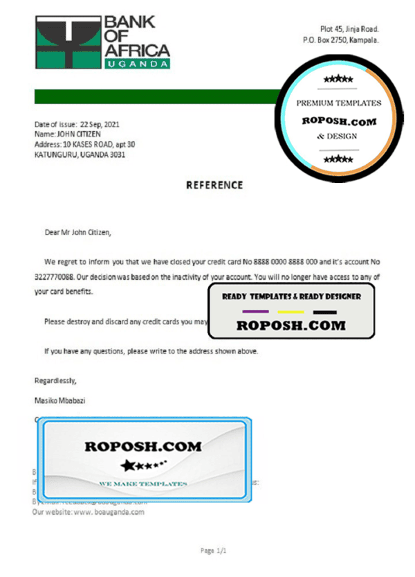 Uganda Bank of Africa account closure reference letter template in Word and PDF format