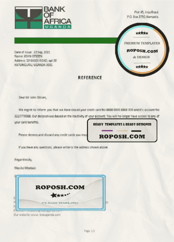 Uganda Bank of Africa account closure reference letter template in Word and PDF format