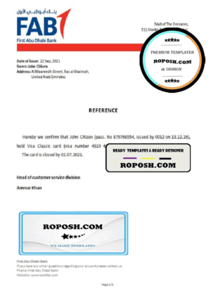 UAE FAB bank account closure reference letter template in Word and PDF format