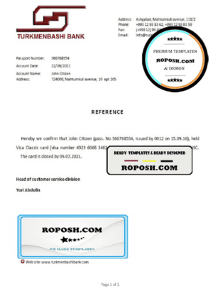 Turkmenistan Turkmenbashi bank account closure reference letter template in Word and PDF format