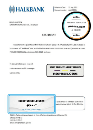 Turkmenistan Halkbank account closure reference letter template in Word and PDF format