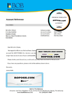 The Bahamas Bank of The Bahamas bank account closure reference letter template in Word and PDF format
