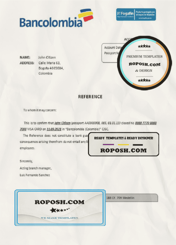 Colombia Bancolombia bank account closure reference letter template in Word and PDF format