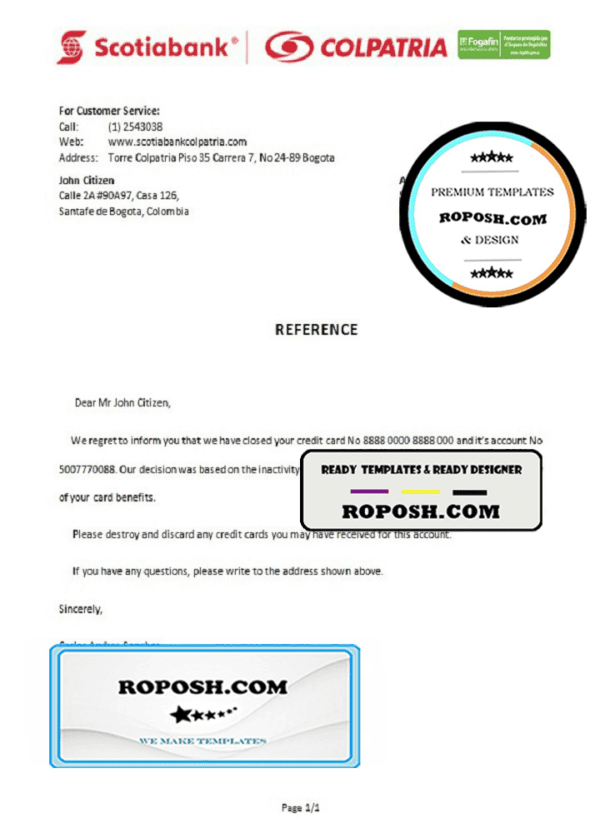 Colombia Scotiabank Colpatria bank account closure reference letter template in Word and PDF format