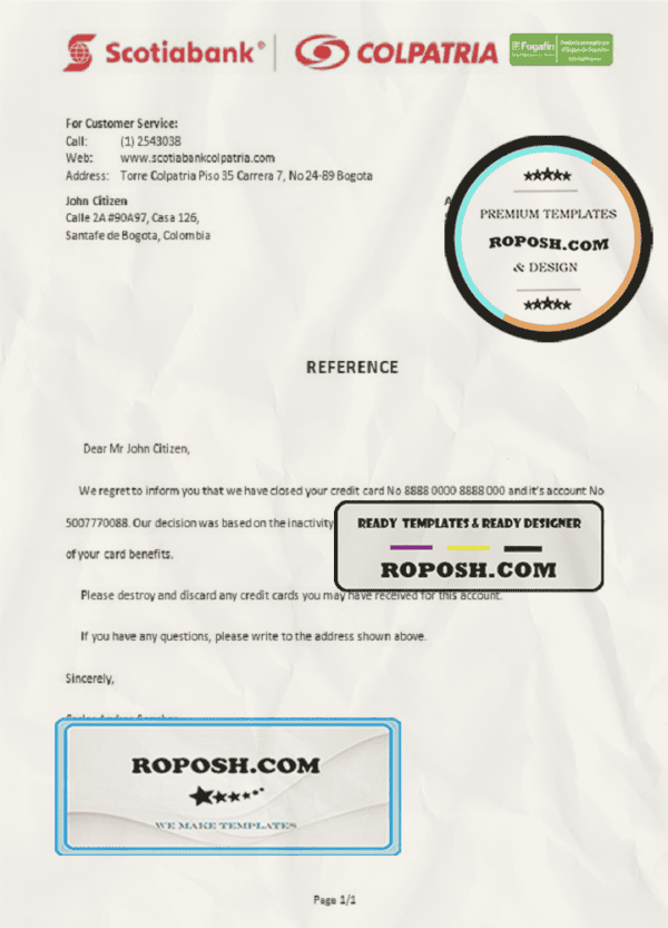 Colombia Scotiabank Colpatria bank account closure reference letter template in Word and PDF format