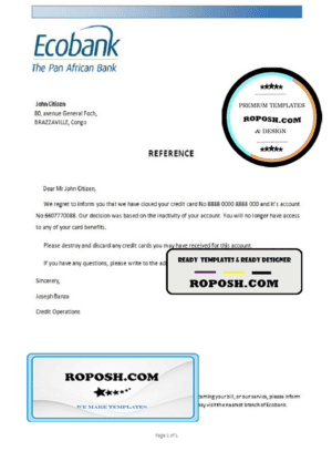 Congo Ecobank bank account closure reference letter template in Word and PDF format