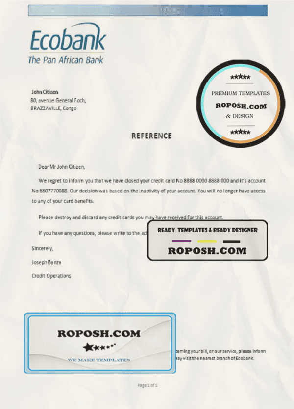 Congo Ecobank bank account closure reference letter template in Word and PDF format
