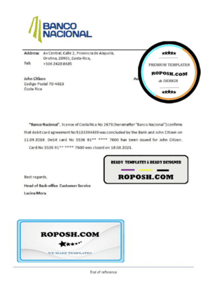 Costa Rica Banco Nacional de Costa Rica bank account closure reference letter template in Word and PDF format
