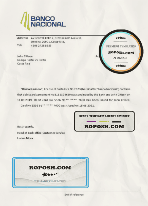 Costa Rica Banco Nacional de Costa Rica bank account closure reference letter template in Word and PDF format
