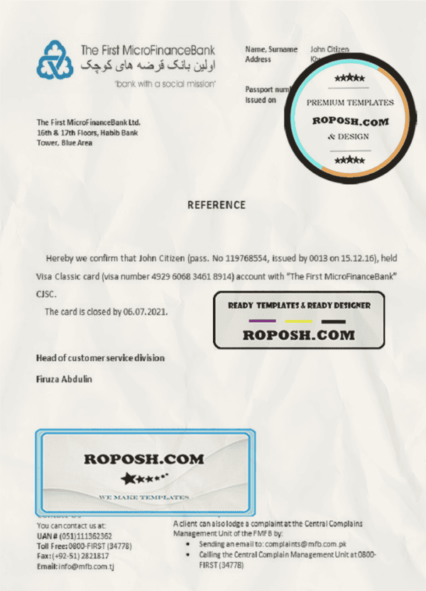 Tajikistan The First MicroFinanceBank account closure reference letter template in Word and PDF format