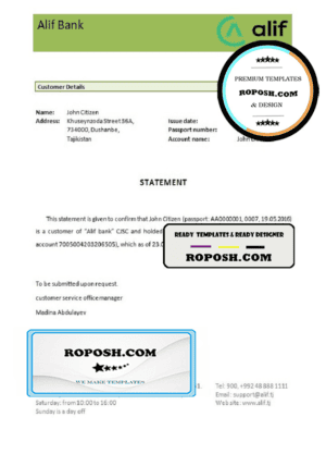 Tajikistan Alif bank account closure reference letter template in Word and PDF format