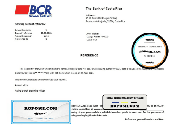 Costa Rica The Bank of Costa Rica bank account closure reference letter template in Word and PDF format