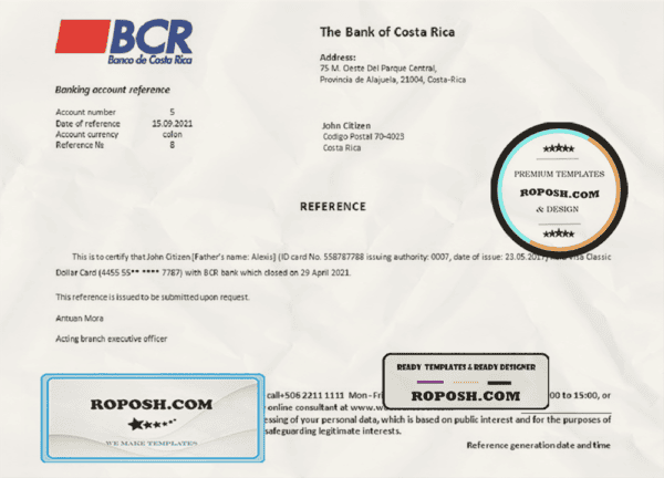 Costa Rica The Bank of Costa Rica bank account closure reference letter template in Word and PDF format