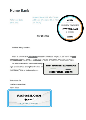 Australia Hume bank account closure reference letter template in Word and PDF format