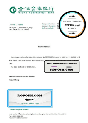 Taiwan Cooperative Bank account closure reference letter template in Word and PDF format