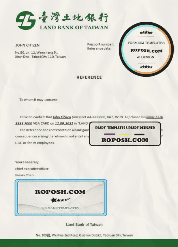Taiwan Land Bank of Taiwan account closure reference letter template in Word and PDF format