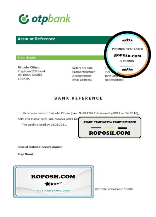 Croatia OTP bank account closure reference letter template in Word and PDF format