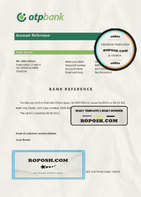 Croatia OTP bank account closure reference letter template in Word and PDF format