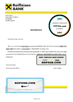 Croatia Raiffeisen Bank account closure reference letter template in Word and PDF format