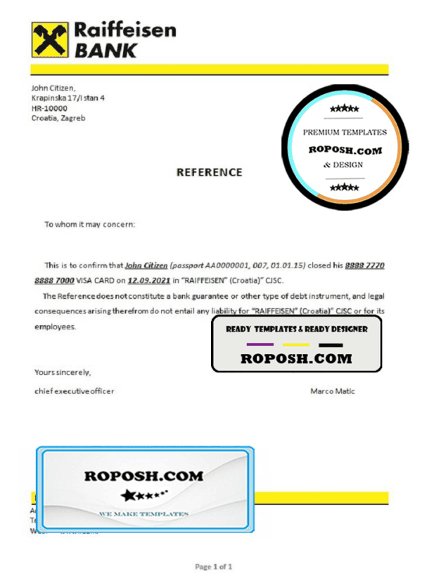 Croatia Raiffeisen Bank account closure reference letter template in Word and PDF format