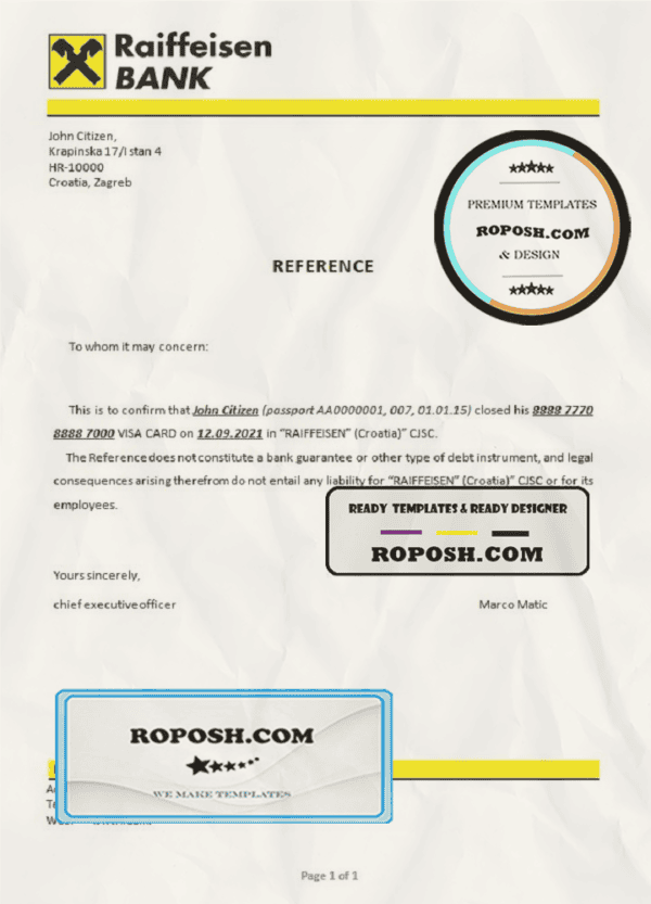 Croatia Raiffeisen Bank account closure reference letter template in Word and PDF format