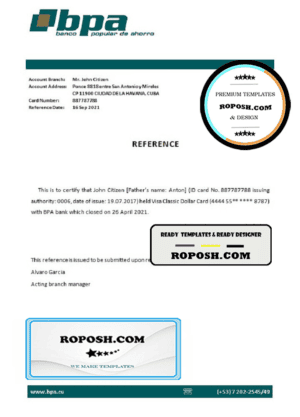 Cuba Banco Popular de Ahorro (BPA) bank account closure reference letter template in Word and PDF format