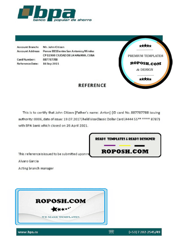 Cuba Banco Popular de Ahorro (BPA) bank account closure reference letter template in Word and PDF format