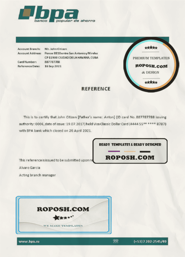 Cuba Banco Popular de Ahorro (BPA) bank account closure reference letter template in Word and PDF format