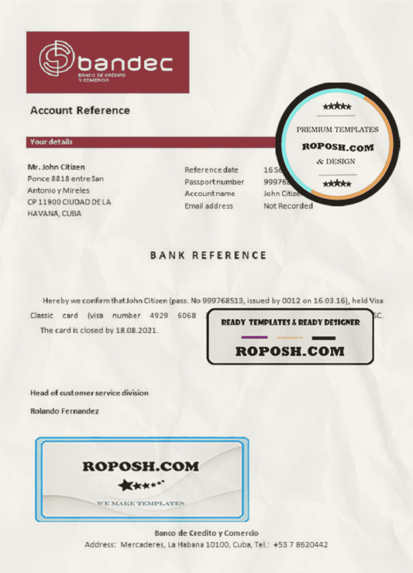 Cuba Bandec Banco de Credito y Comercio bank account closure reference letter template in Word and PDF format