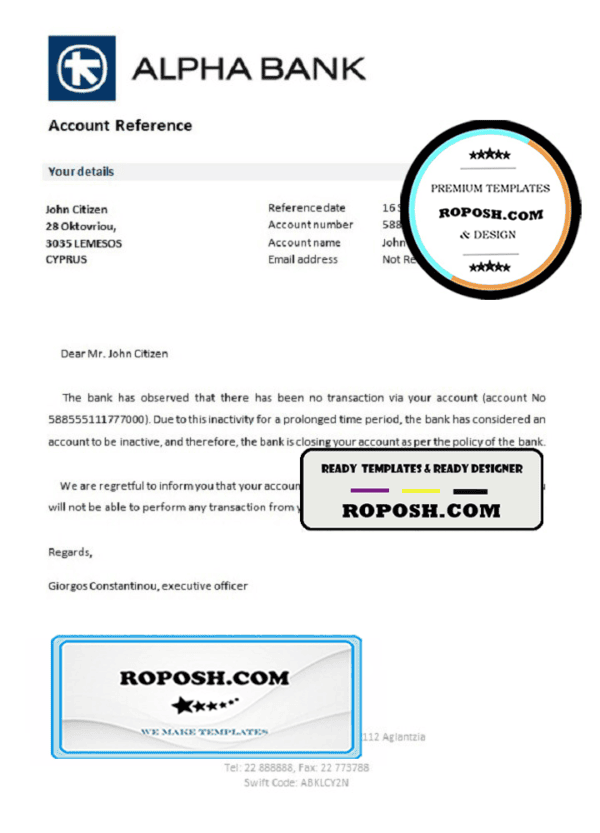 Cyprus Alpha Bank account closure reference letter template in Word and PDF format