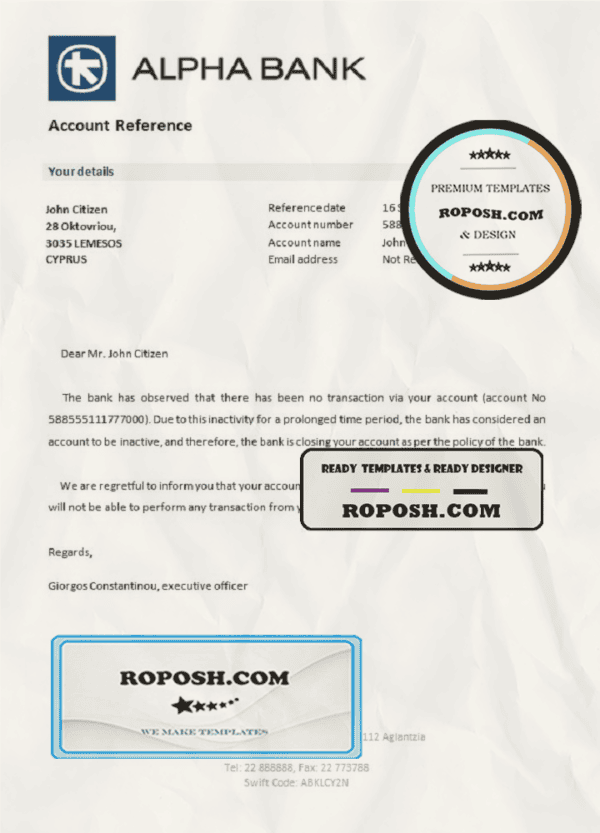 Cyprus Alpha Bank account closure reference letter template in Word and PDF format