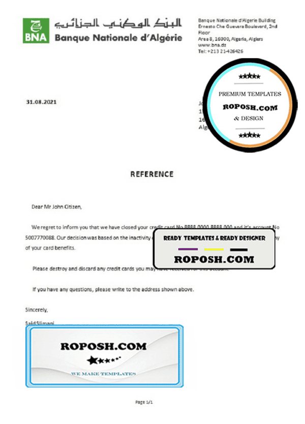 Algeria Banque Nationale d’Algérie (BNA) bank account closure reference letter template in Word and PDF format (.doc and .pdf)