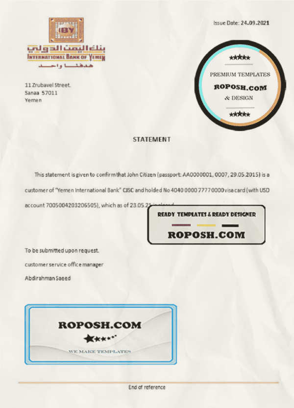 Yemen International Bank of Yemen bank account closure reference letter template in Word and PDF format