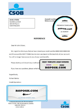 Czech Republic Československá Obchodní Banka account closure reference letter template in Word and PDF format