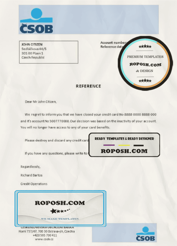 Czech Republic Československá Obchodní Banka account closure reference letter template in Word and PDF format